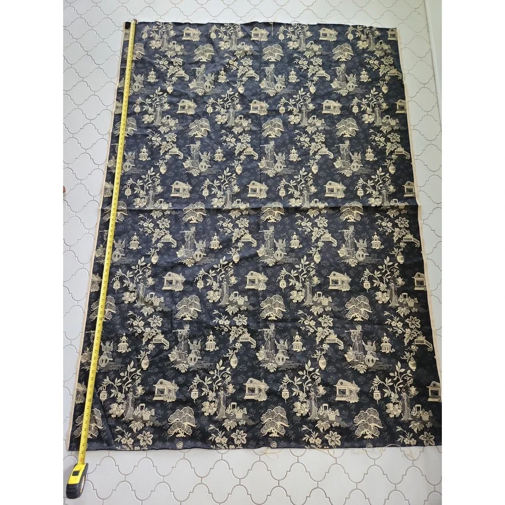 2+yds/Black Tan Chinoiserie Upholstery Damask Fabric Asian Pagodas Tea Service